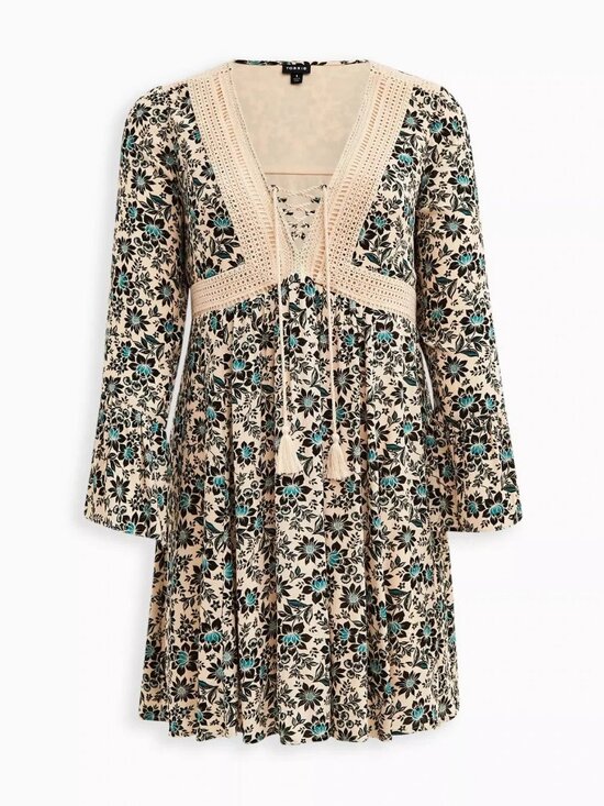 torrid Dresses & Skirts - Torrid Mini Gauze Lace-Up Floral Skater V Neck Dress Beige 1 1X 14 16 NWOT
